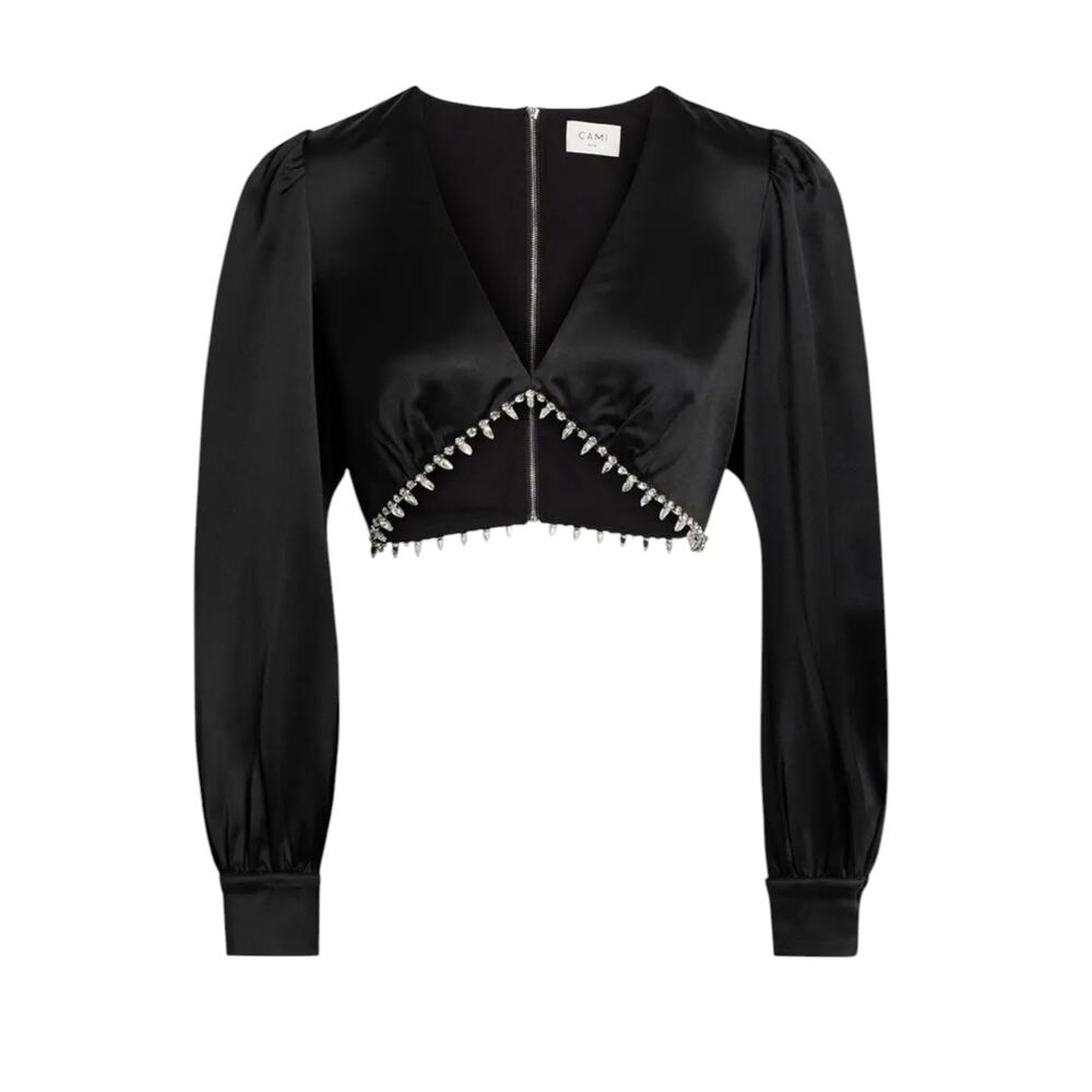 New CAMI NYC Abel Cropped Crystal-Embellished Black Satin Top Size 4